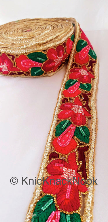 Red Hand Embroidered Cutwork Floral Trim Wedding Beaded Sash Bridal Belt Decorative, Indian Sari Border, Costume Trim